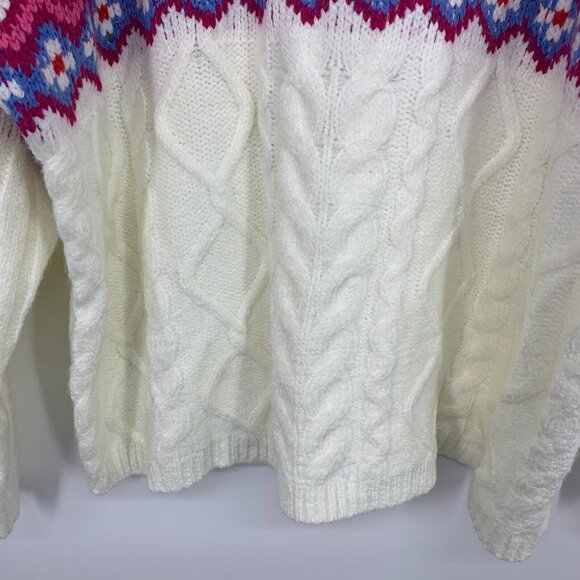 St. Johns Bay Sweater White Fair Isle Mock Turtleneck Cable Knit - Picture 4 of 7